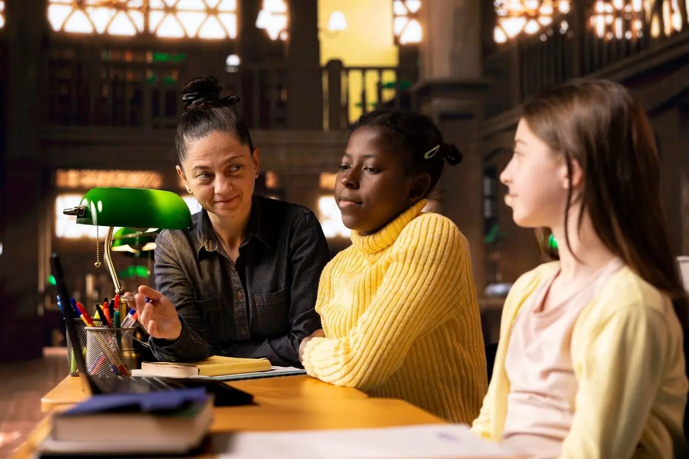 Учитель начальной школы взаимодействует с девочками-ученицами во время частных уроков.